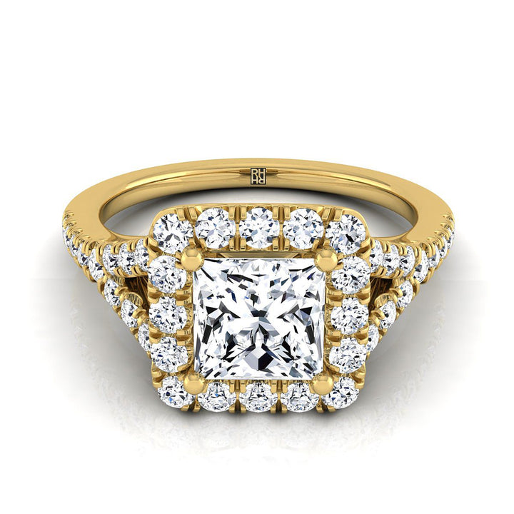 Prong Halo Split Shank Princess, in 18K Yellow Gold, pave setting | RockHer