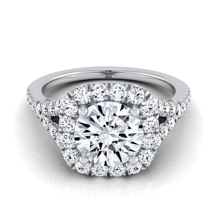 Round Brilliant, Prong Halo Split Shank, in 18K White Gold, pave setting | RockHer