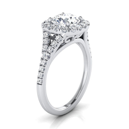 Round Brilliant, Prong Halo Split Shank, in Platinum, pave setting – side profile | RockHer