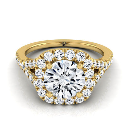 Round Brilliant, Prong Halo Split Shank, in 18K Yellow Gold, pave setting | RockHer