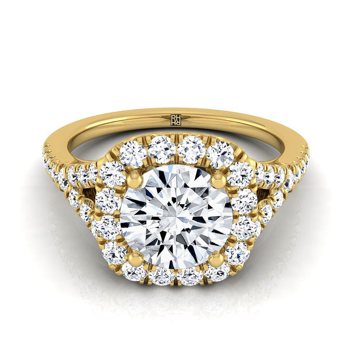 Round Brilliant, Prong Halo Split Shank, in 18K Yellow Gold, pave setting | RockHer