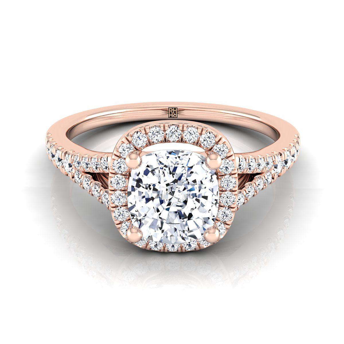 Vega Select Scroll Gallery Split Shank Halo Cushion Cut Lab Diamond Engagement Ring in 14K Rose Gold | RockHer