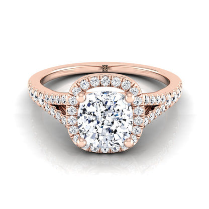 Vega Select Scroll Gallery Split Shank Halo Cushion Cut Lab Diamond Engagement Ring in 14K Rose Gold | RockHer