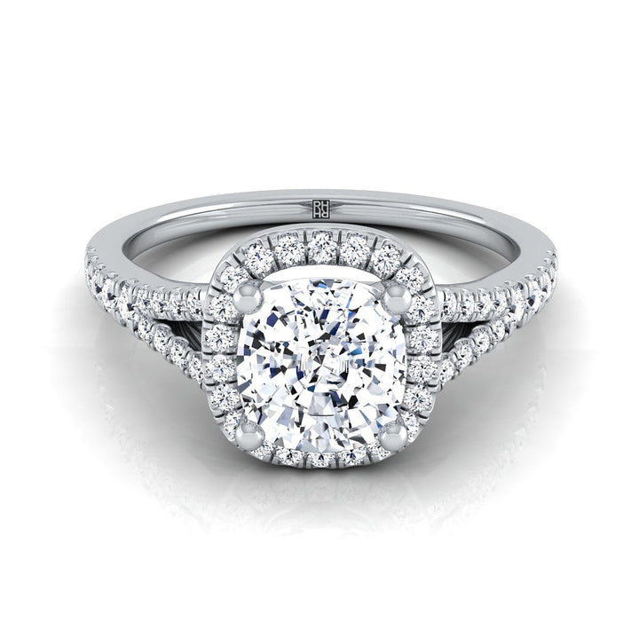 Scroll Gallery Split Shank Halo Cushion, in Platinum, pave setting | RockHer