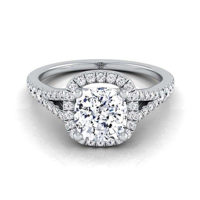 The Vega Scroll Gallery Split Shank Halo Cushion Cut Engagement Ring Setting in Platinum