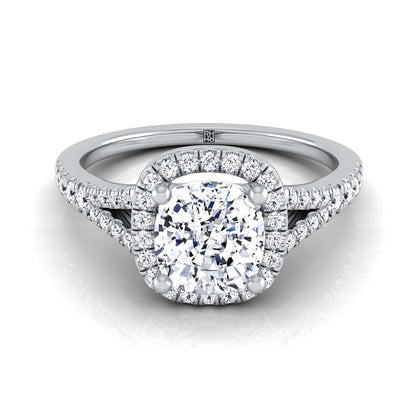Scroll Gallery Split Shank Halo Cushion, in 18K White Gold, pave setting | RockHer