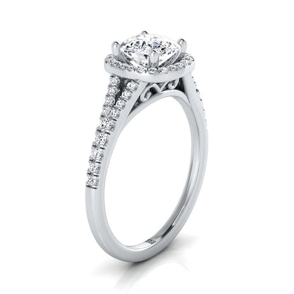 Scroll Gallery Split Shank Halo Cushion, in 18K White Gold, pave setting – side profile | RockHer