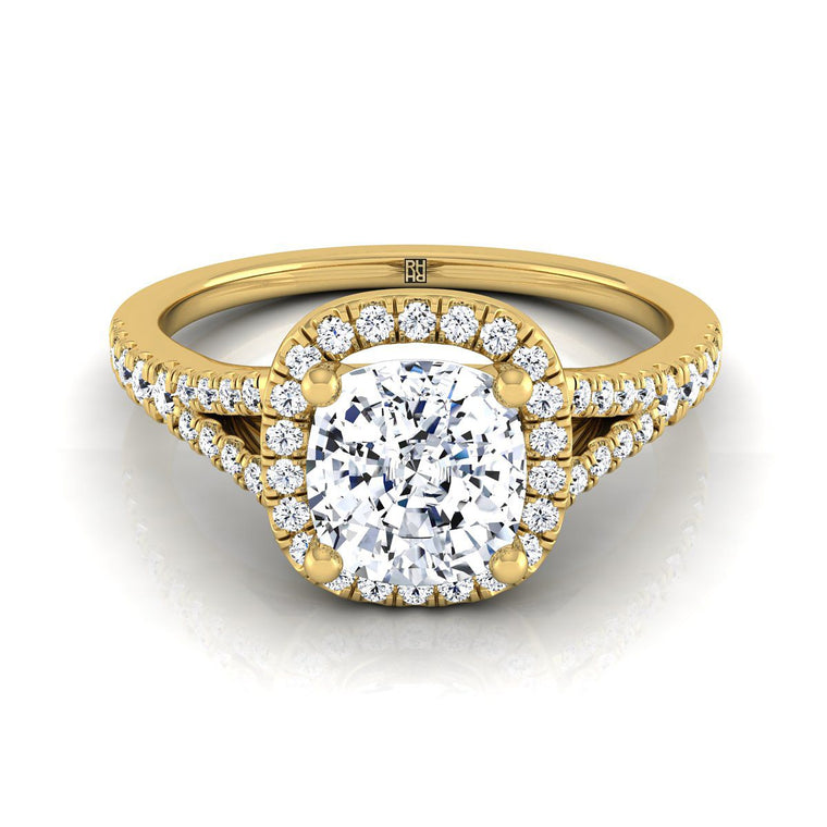 The Vega Select Halo Cushion Cut Lab Diamond Engagement Ring in 18K Yellow Gold