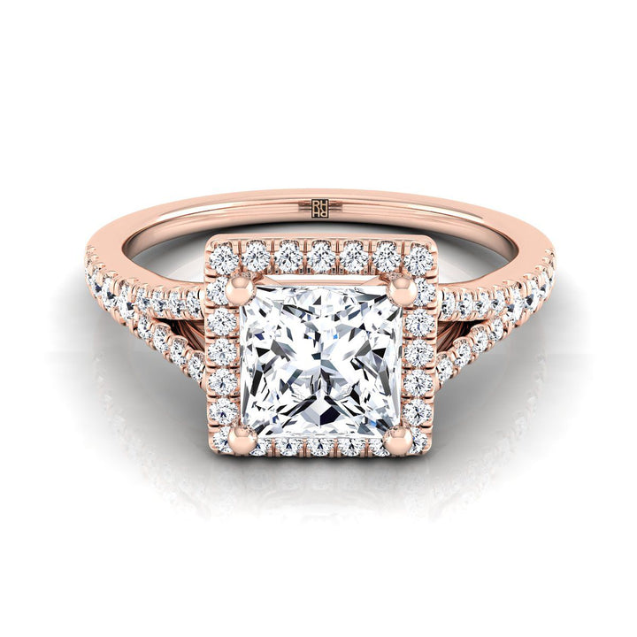 Scroll Gallery Split Shank Halo Princess, in 14K Rose Gold, pave setting | RockHer