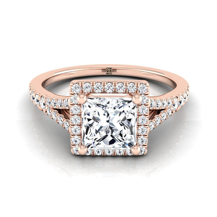 The Vega Scroll Gallery Split Shank Halo Princess Cut Engagement Ring Setting in 14K Rose Gold