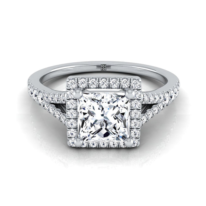 Scroll Gallery Split Shank Halo Princess, in Platinum, pave setting | RockHer