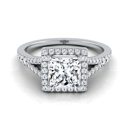 Scroll Gallery Split Shank Halo Princess, in 18K White Gold, pave setting | RockHer