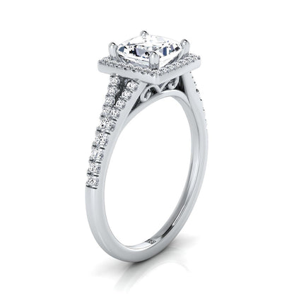 Scroll Gallery Split Shank Halo Princess, in Platinum, pave setting – side profile | RockHer