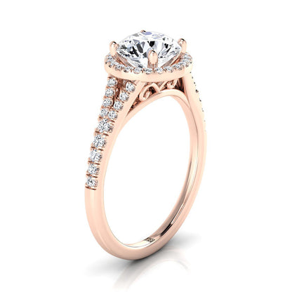 Round Brilliant, Scroll Gallery Split Shank Halo, in 14K Rose Gold, pave setting – side profile | RockHer