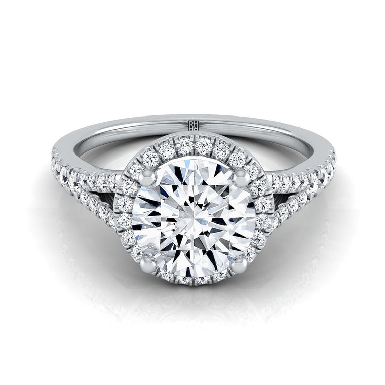 The Vega Scroll Gallery Split Shank Halo Round Engagement Ring Setting in Platinum