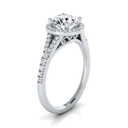 Round Brilliant, Scroll Gallery Split Shank Halo, in Platinum, pave setting – side profile | RockHer
