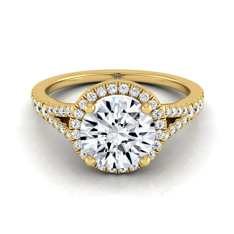The Vega Scroll Gallery Split Shank Halo Round Engagement Ring Setting in 18K Yellow Gold
