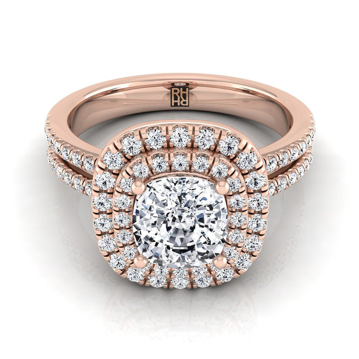 Linear Double Row Halo Cushion, in 14K Rose Gold, pave setting | RockHer