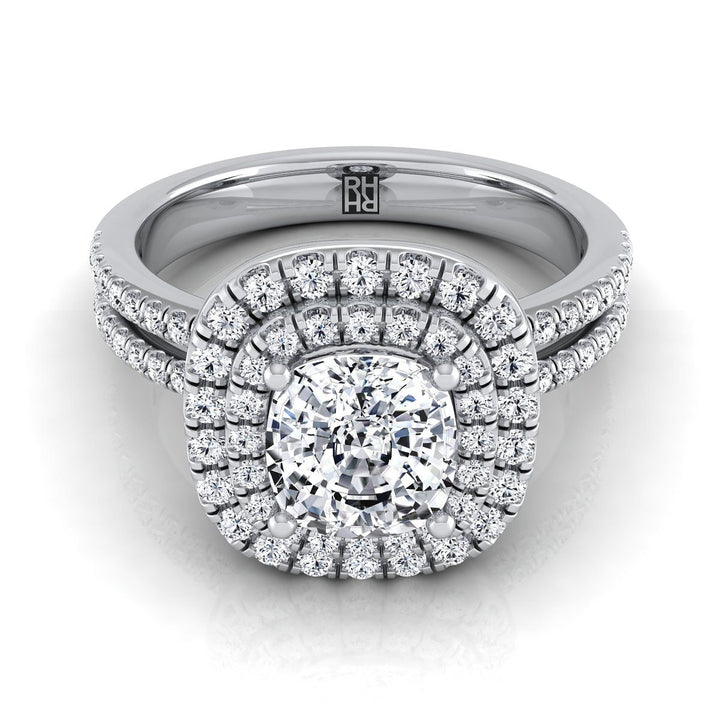 Linear Double Row Halo Cushion, in 18K White Gold, pave setting | RockHer