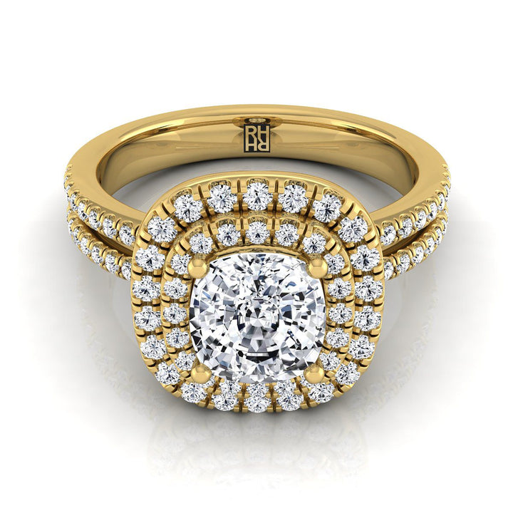 Linear Double Row Halo Cushion, in 18K Yellow Gold, pave setting | RockHer