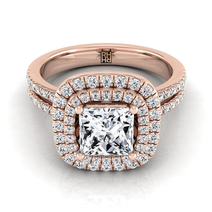Linear Double Row Halo Princess, in 14K Rose Gold, pave setting | RockHer