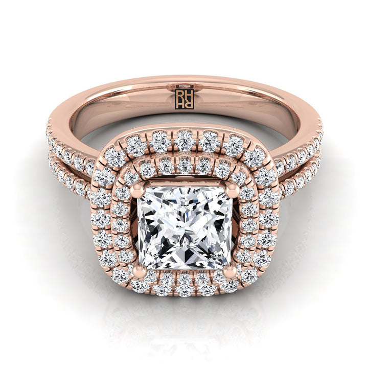 Linear Double Row Halo Princess, in 14K Rose Gold, pave setting | RockHer