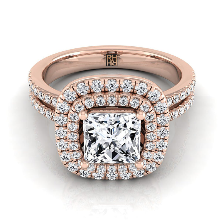 The Maria Linear Double Row Halo Princess Cut Engagement Ring Setting in 14K Rose Gold