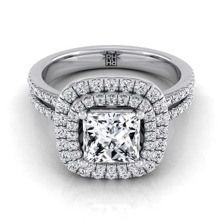 Linear Double Row Halo Princess, in 18K White Gold, pave setting | RockHer