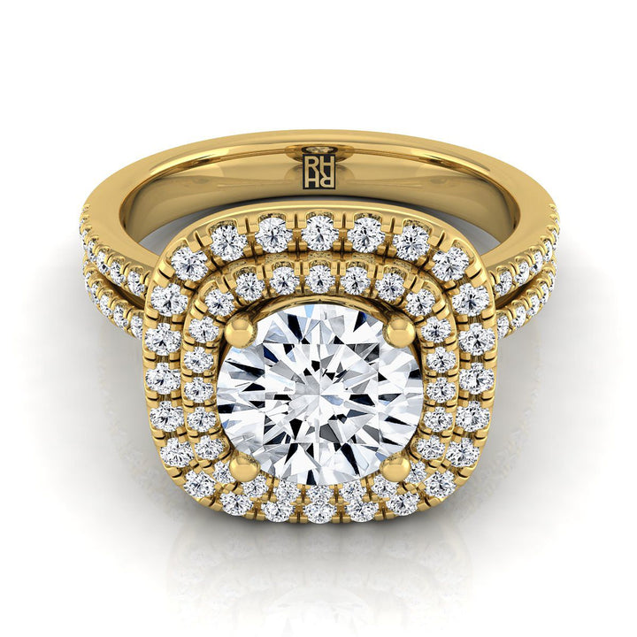 Round Brilliant, Linear Double Row Halo, in 18K Yellow Gold, pave setting | RockHer