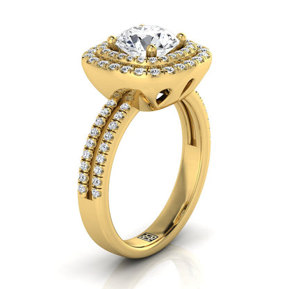 Round Brilliant, Linear Double Row Halo, in 18K Yellow Gold, pave setting – side profile | RockHer
