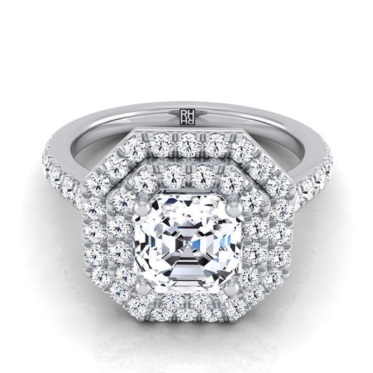 Platinum Asscher Cut Double Pave Halo with Linear Diamond Engagement Ring -7/8ctw