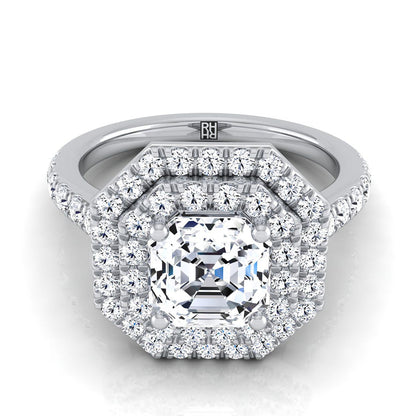 Double Pavé Halo Linear Band Asscher, in 18K White Gold, pave setting | RockHer