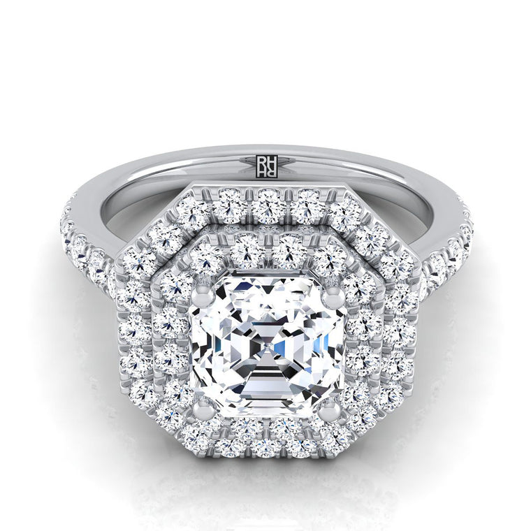 The Whitney Double Halo Asscher Cut Engagement Ring Setting in 18K White Gold