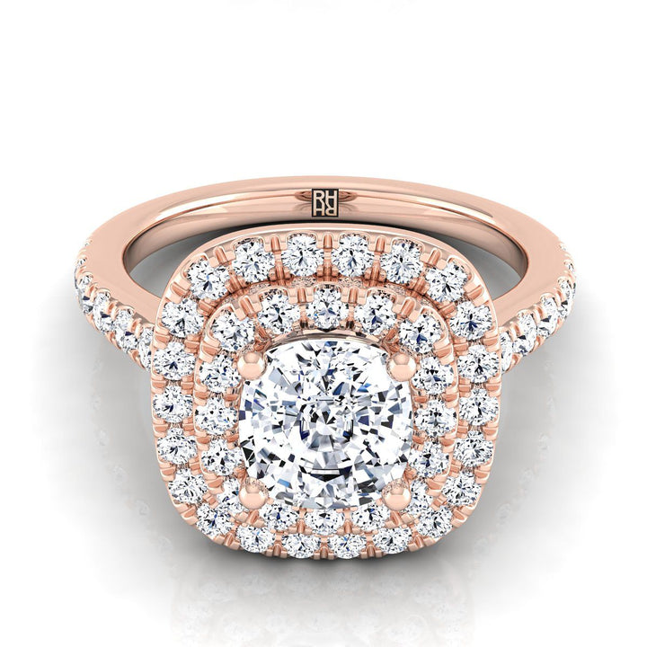 Double Pavé Halo Linear Band Cushion, in 14K Rose Gold, pave setting | RockHer