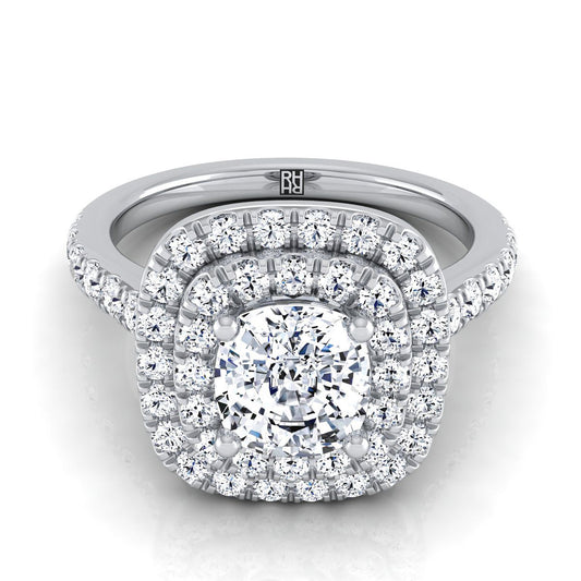 18K White Gold Cushion Double Pave Halo with Linear Diamond Engagement Ring -3/4ctw