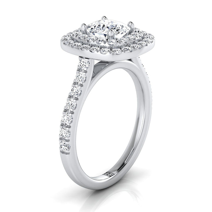 Whitney double pavé halo linear band engagement ring in 18K white gold with cushion lab diamond — RockHer