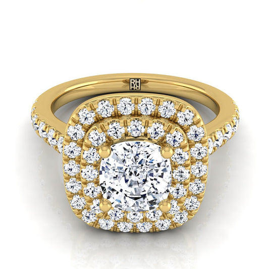14K Yellow Gold Cushion Double Pave Halo with Linear Diamond Engagement Ring -3/4ctw