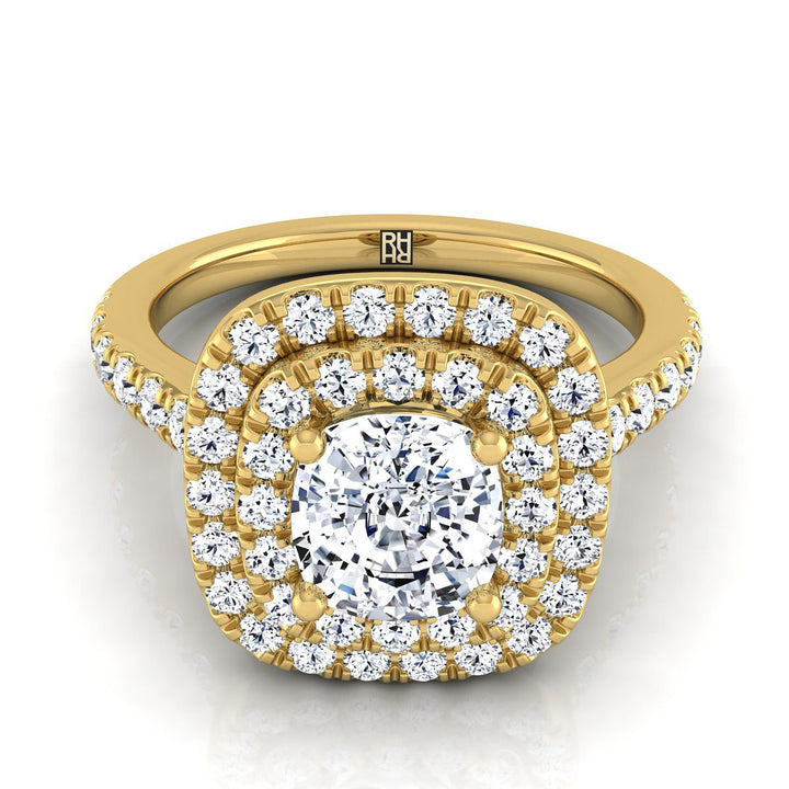 Double Pavé Halo Linear Band Cushion, in 18K Yellow Gold, pave setting | RockHer