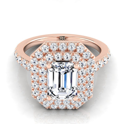 European Cut, Double Pavé Halo Linear Band Emerald, in 14K Rose Gold, pave setting | RockHer