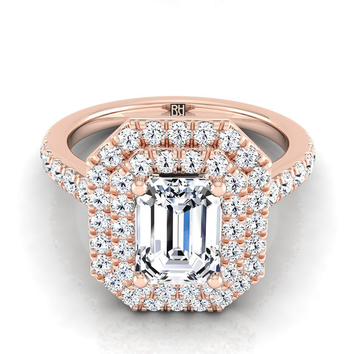 European Cut, Double Pavé Halo Linear Band Emerald, in 14K Rose Gold, pave setting | RockHer