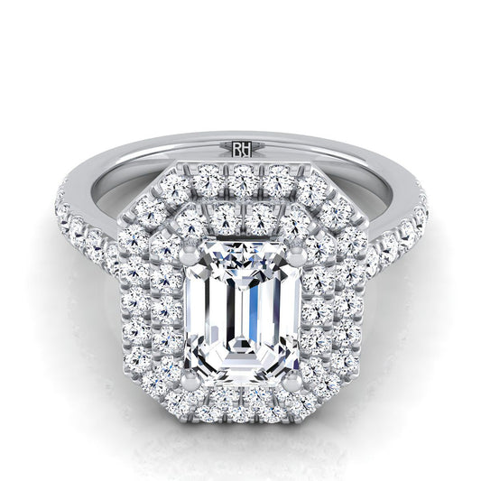 14K White Gold Emerald Cut Double Pave Halo with Linear Diamond Engagement Ring -7/8ctw