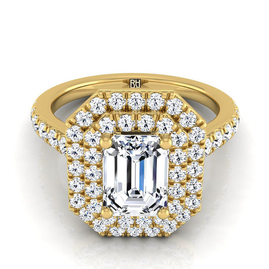 14K Yellow Gold Emerald Cut Double Pave Halo with Linear Diamond Engagement Ring -7/8ctw