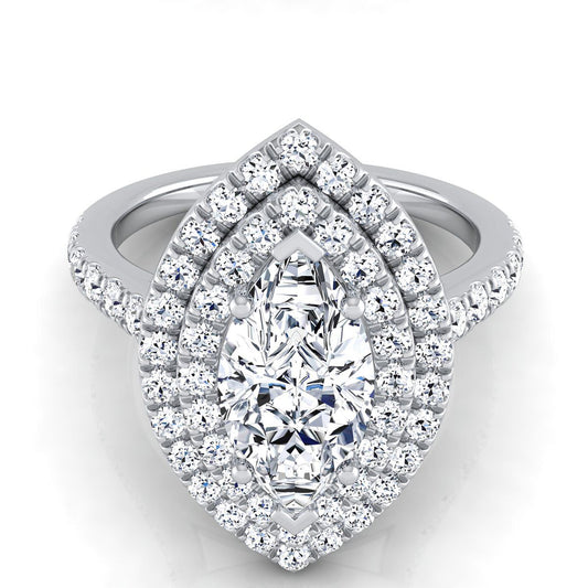 14K White Gold Marquise  Double Pave Halo with Linear Diamond Engagement Ring -7/8ctw