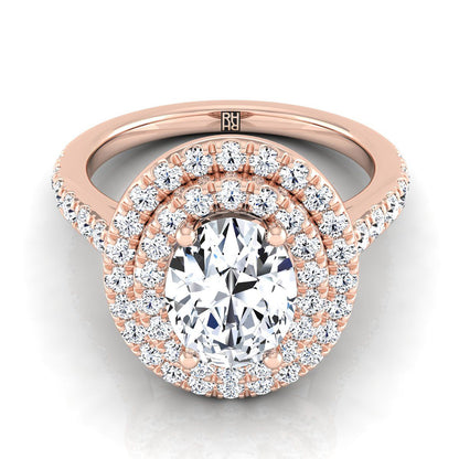 Double Pavé Halo Linear Band Oval, in 14K Rose Gold, pave setting | RockHer