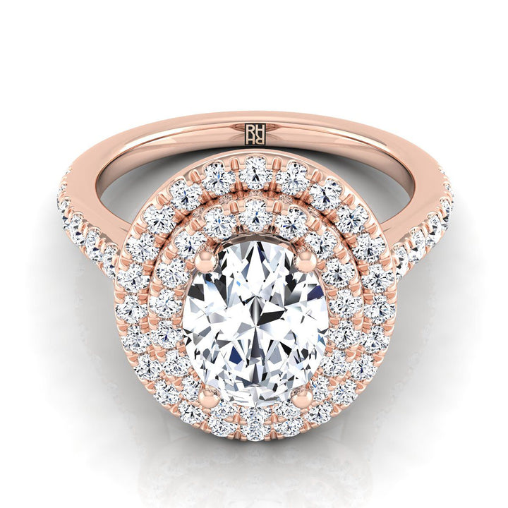 Double Pavé Halo Linear Band Oval, in 14K Rose Gold, pave setting | RockHer