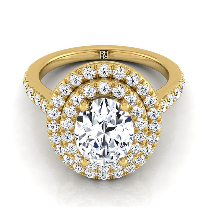 Double Pavé Halo Linear Band Oval, in 18K Yellow Gold, pave setting | RockHer