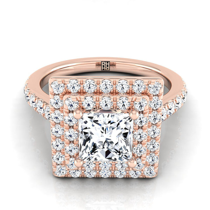 Double Pavé Halo Linear Band Princess, in 14K Rose Gold, pave setting | RockHer