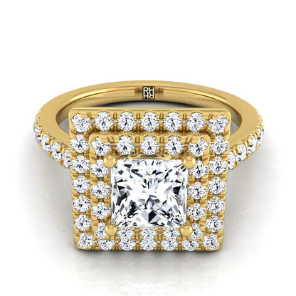 Double Pavé Halo Linear Band Princess, in 18K Yellow Gold, pave setting | RockHer