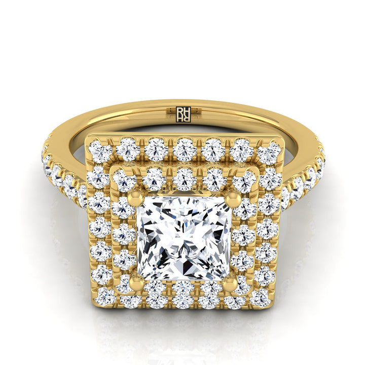 Double Pavé Halo Linear Band Princess, in 18K Yellow Gold, pave setting | RockHer