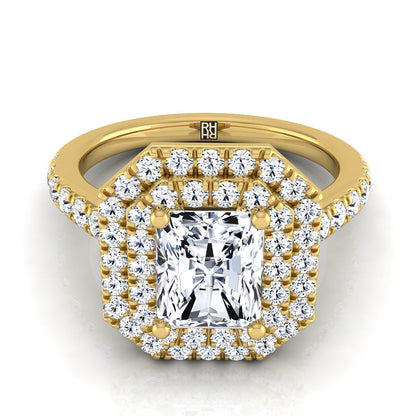 Double Pavé Halo Linear Band Radiant, in 18K Yellow Gold, pave setting | RockHer